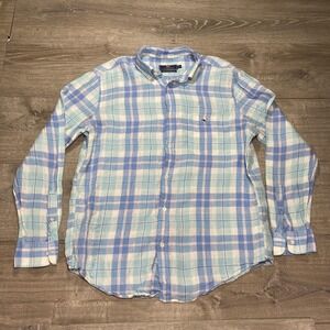 Vineyard Vines Shirt Mens Large Blue Green‎ Plaid Classic Fit Tucker Linen
